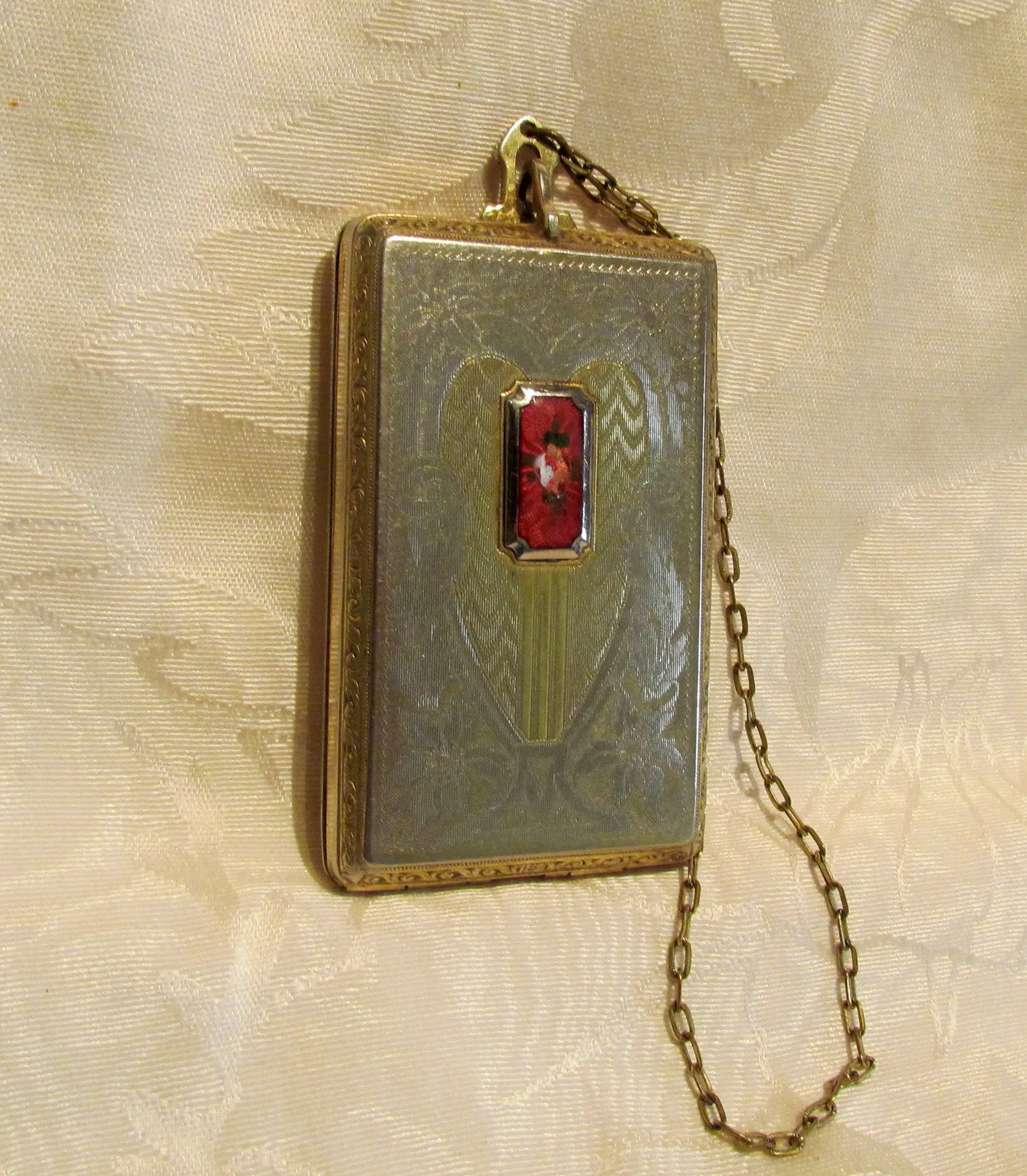 1910s Compact Coin Purse Red Guilloche Wristlet Dance Purse