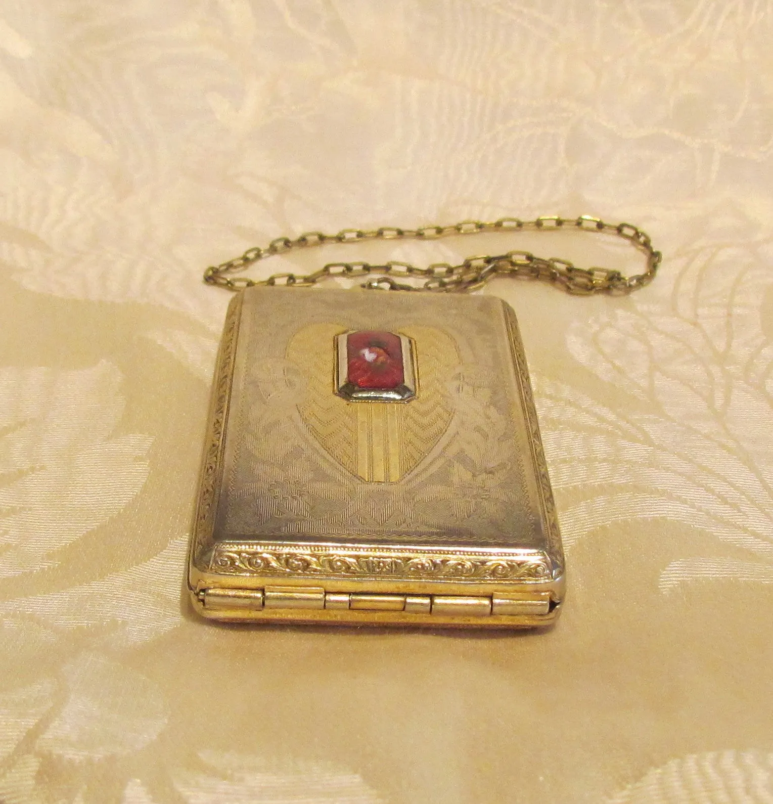 1910s Compact Coin Purse Red Guilloche Wristlet Dance Purse