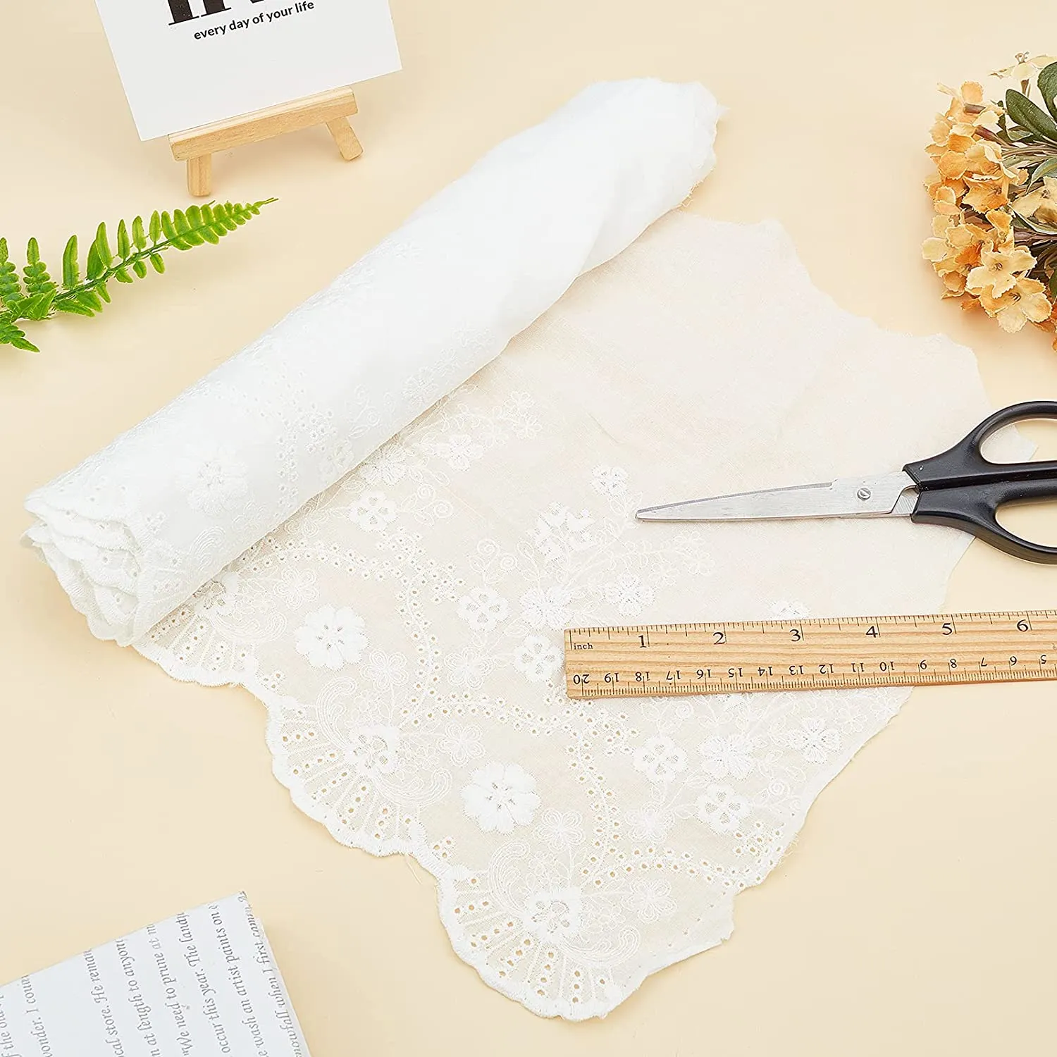2 Yards Lace Roll White Cotton Lace Trim Fabric 11.33 Wide for Scalloped Edge Decorations for Dress Tablecloth Curtain Hair Band
