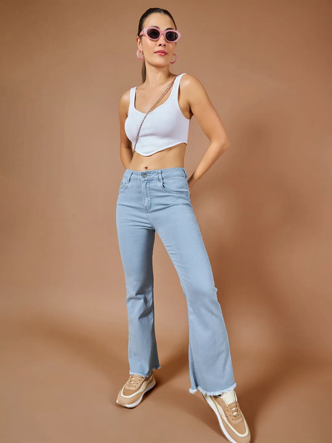 24/7 Comfort Women's Light Blue Bell Bottom Bootcut High Rise Cropped Stretchable Denim Jeans