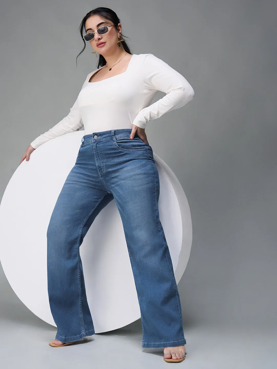24/7 comfort Women's Light Blue Wide-Leg Mid Rise Denim Jeans