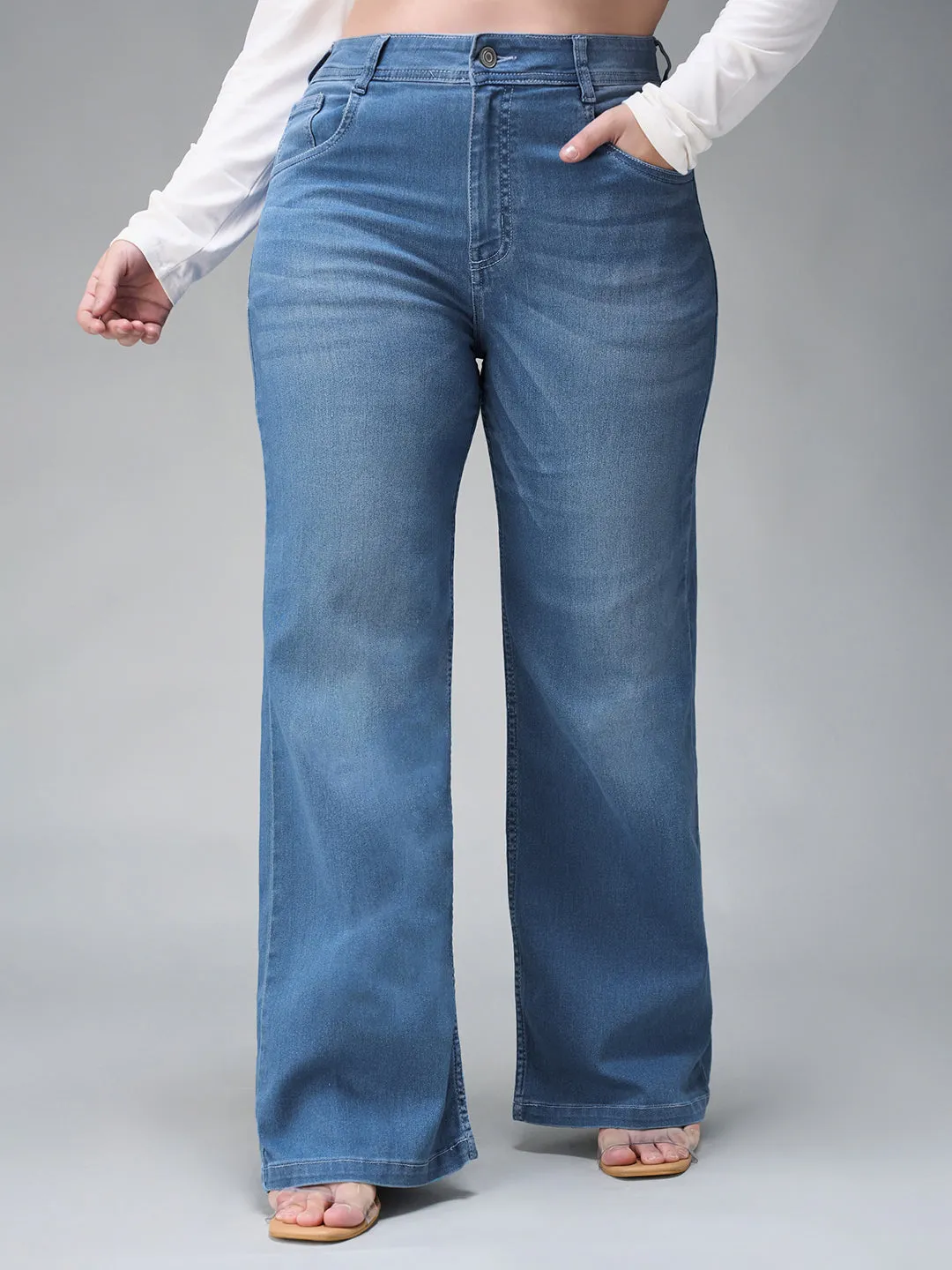 24/7 comfort Women's Light Blue Wide-Leg Mid Rise Denim Jeans