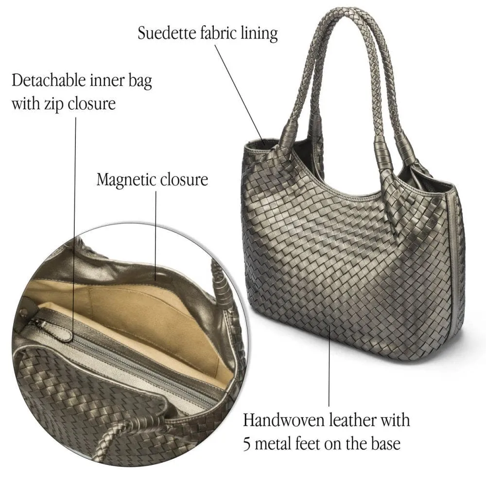 Anya Woven Leather Shoulder Bag - Pewter