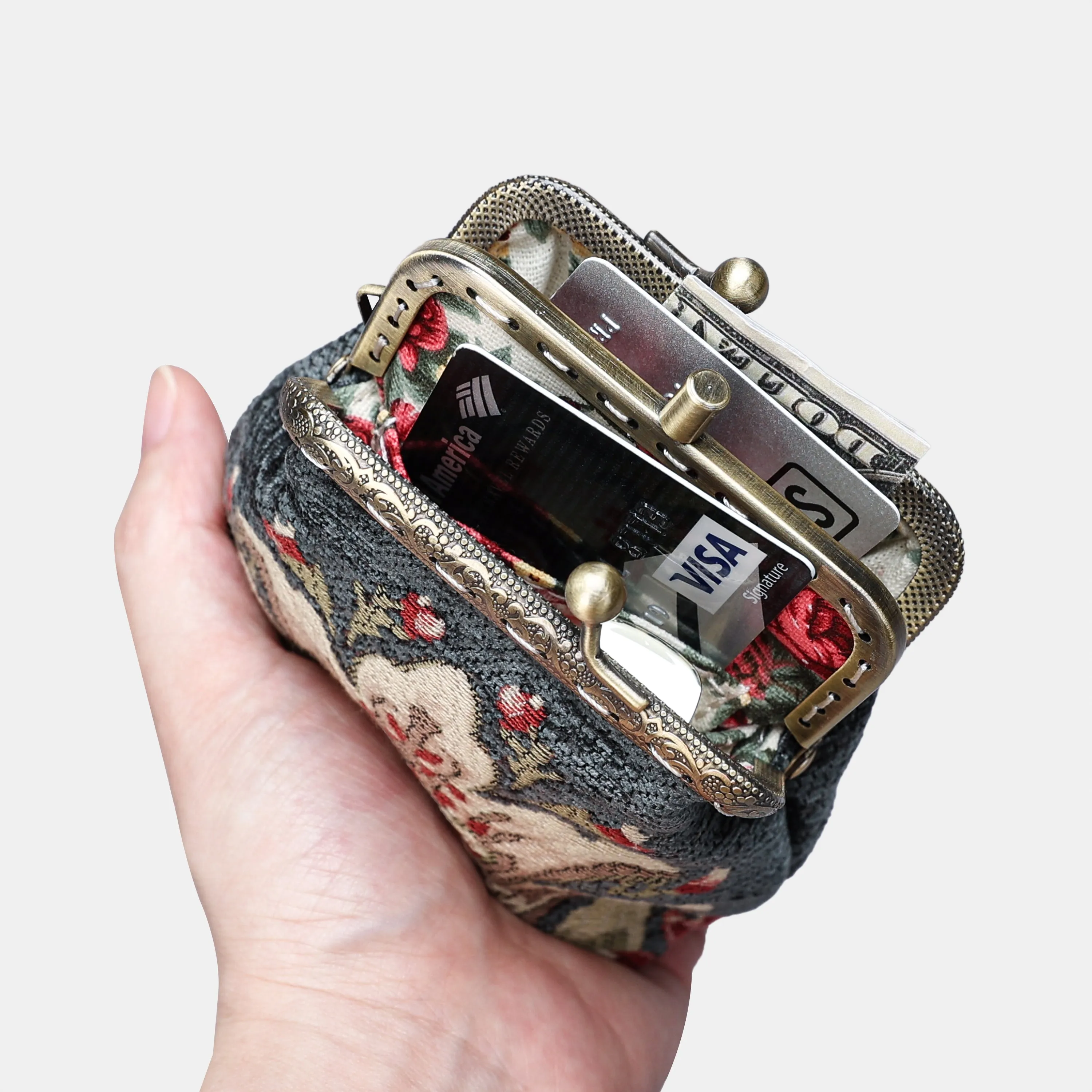 Baroque Floral Green Gray Double Kiss Clasp Coin Purse