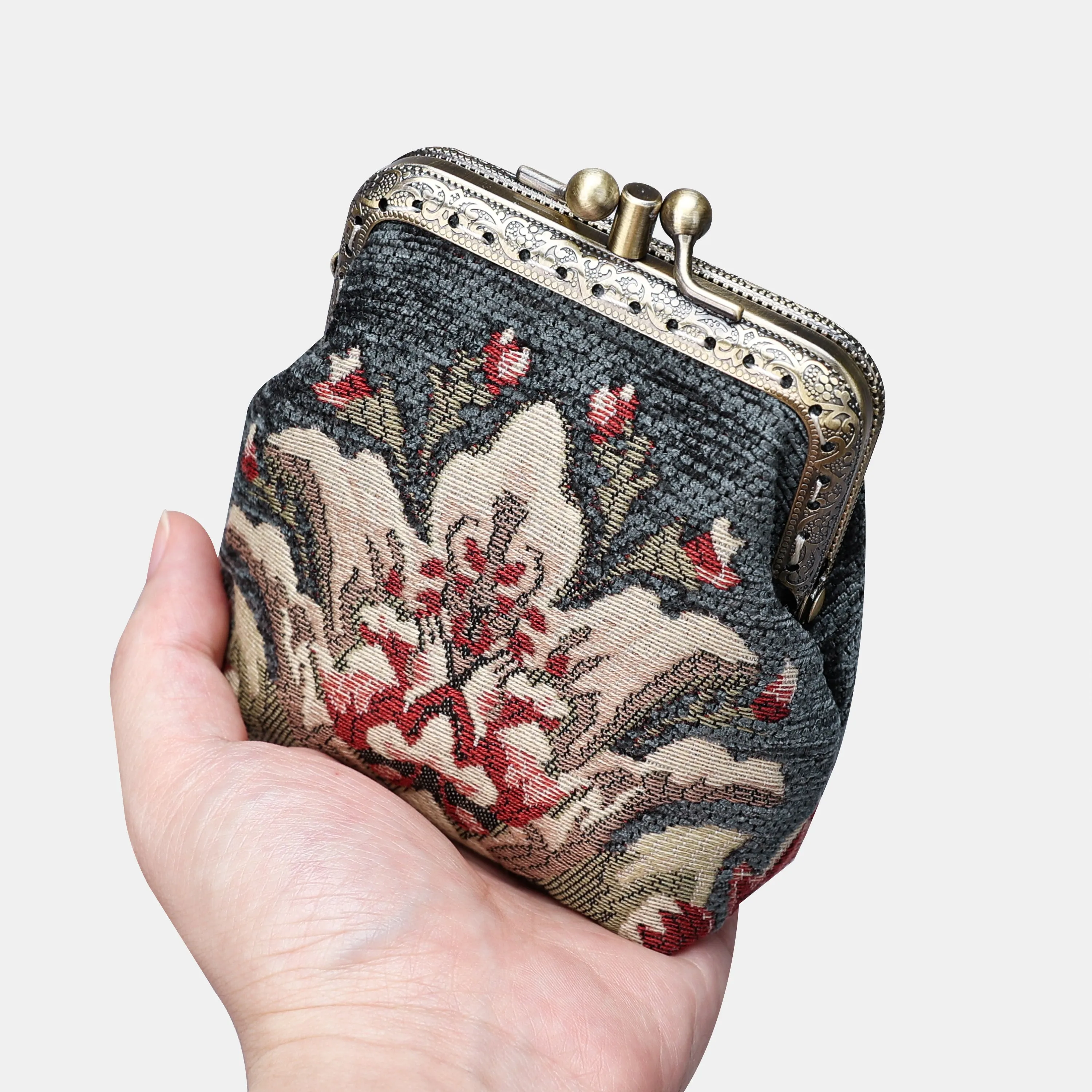 Baroque Floral Green Gray Double Kiss Clasp Coin Purse