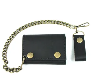 Black Oil-Tanned Leather Tri-Fold Wallet with Brass Hardware
