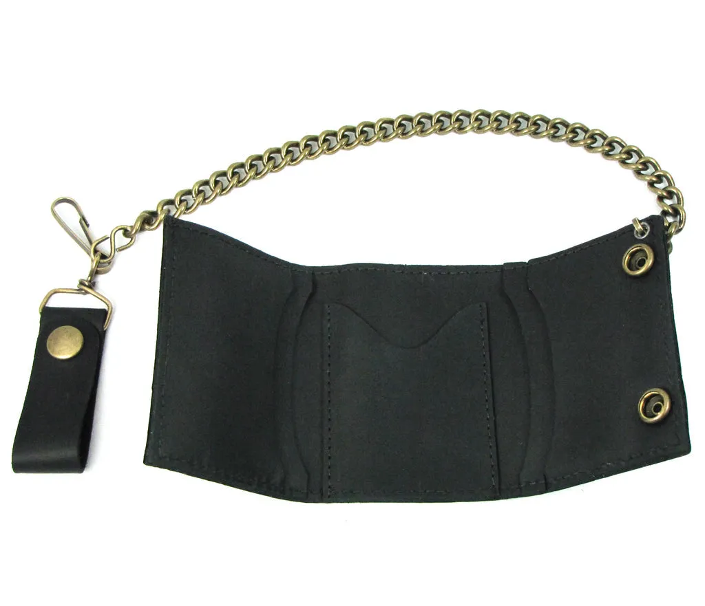 Black Oil-Tanned Leather Tri-Fold Wallet with Brass Hardware