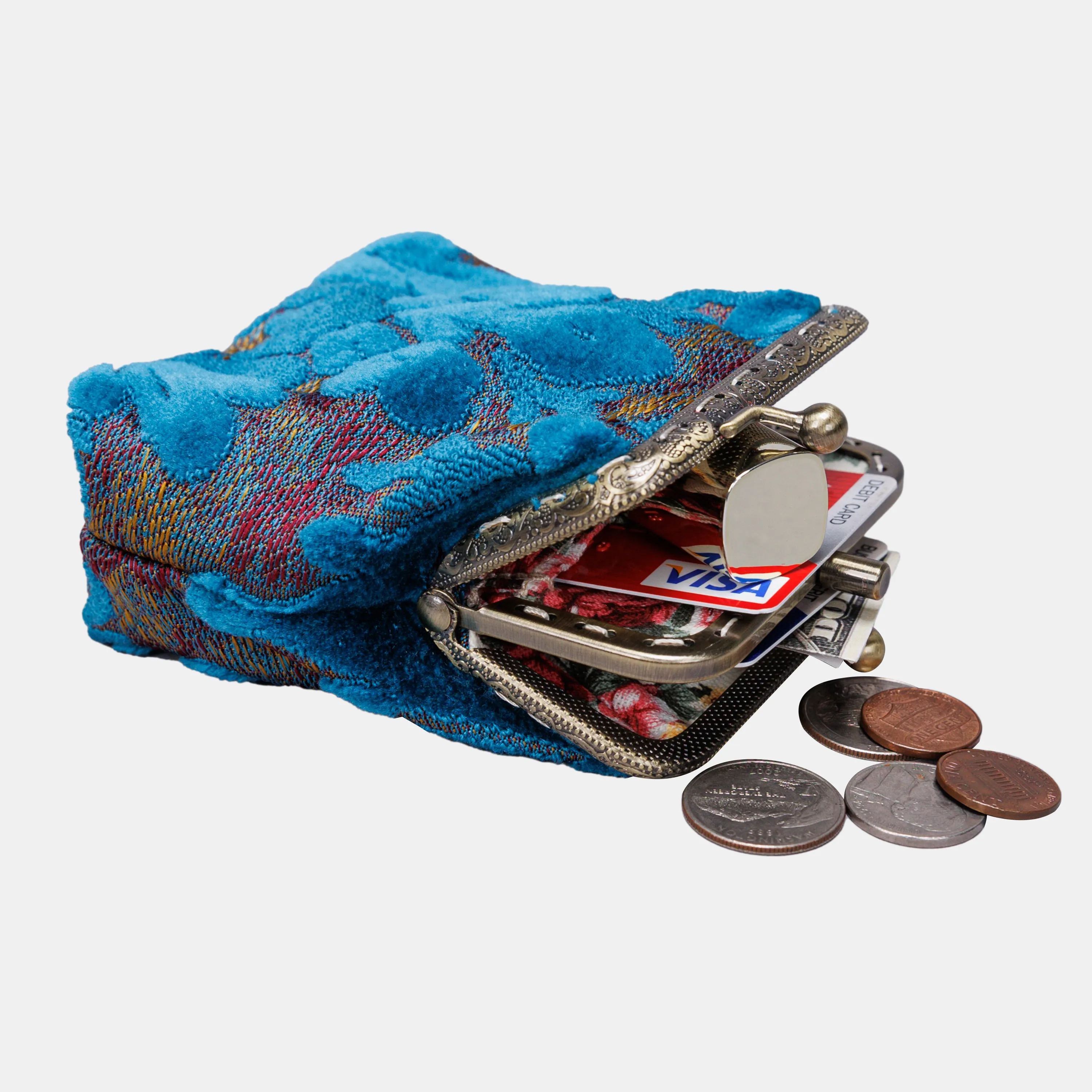 Burnout Velvet Aqua Blue Double Kiss Clasp Coin Purse