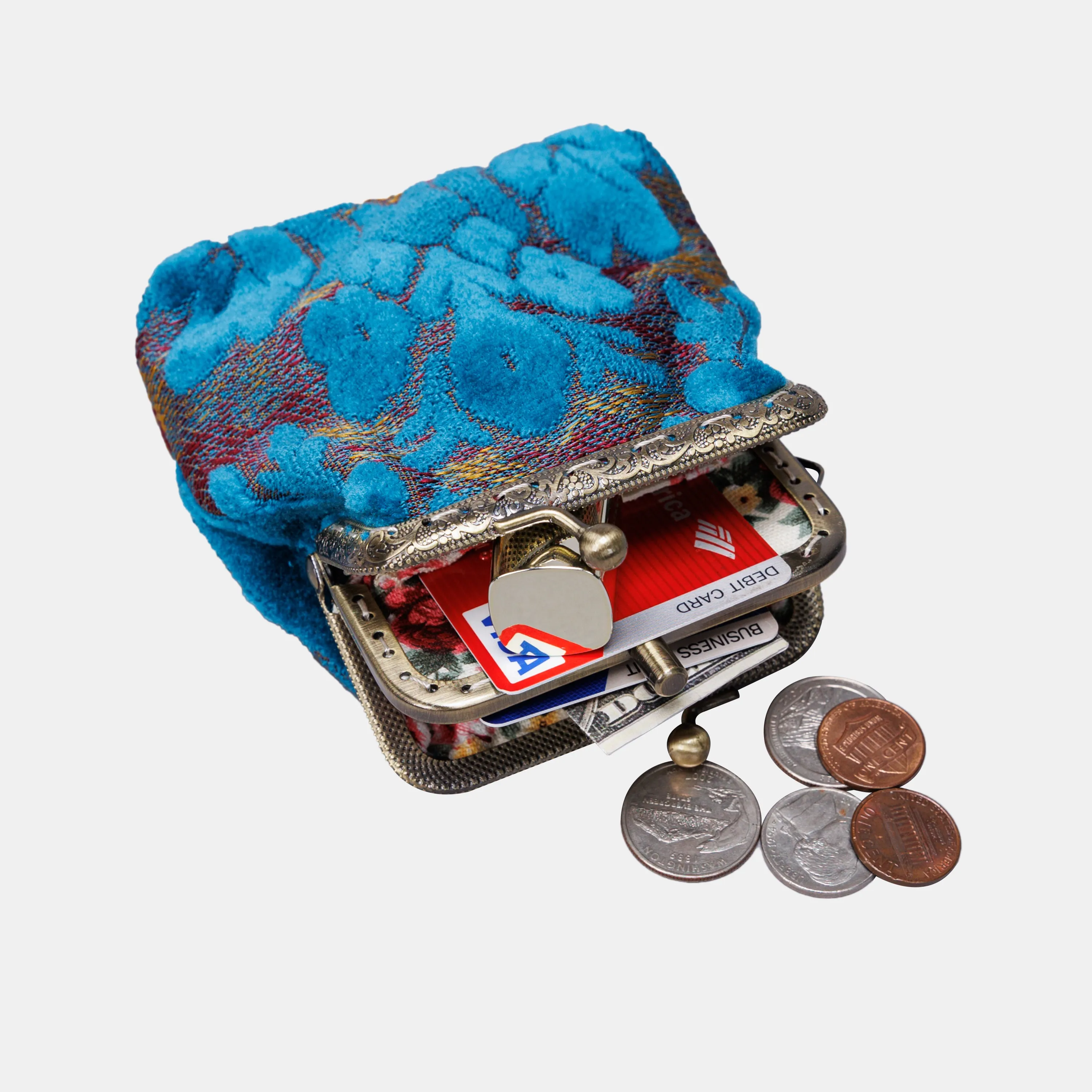 Burnout Velvet Aqua Blue Double Kiss Clasp Coin Purse