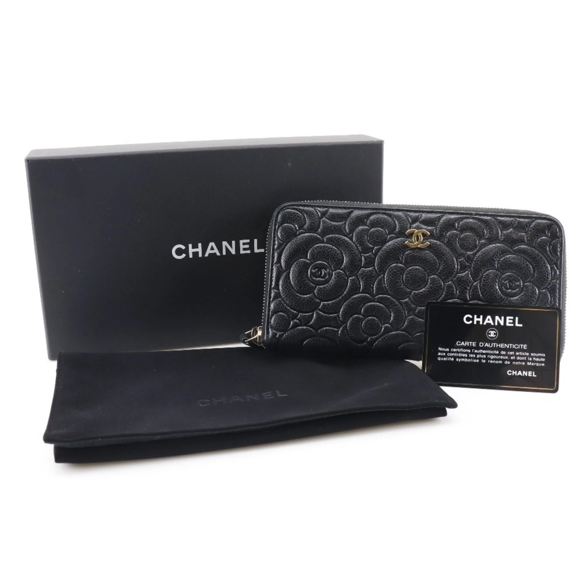 Chanel Camellia Emboss Cocomark A82281 Matte Caviar Skin Black Women's Long Wallet