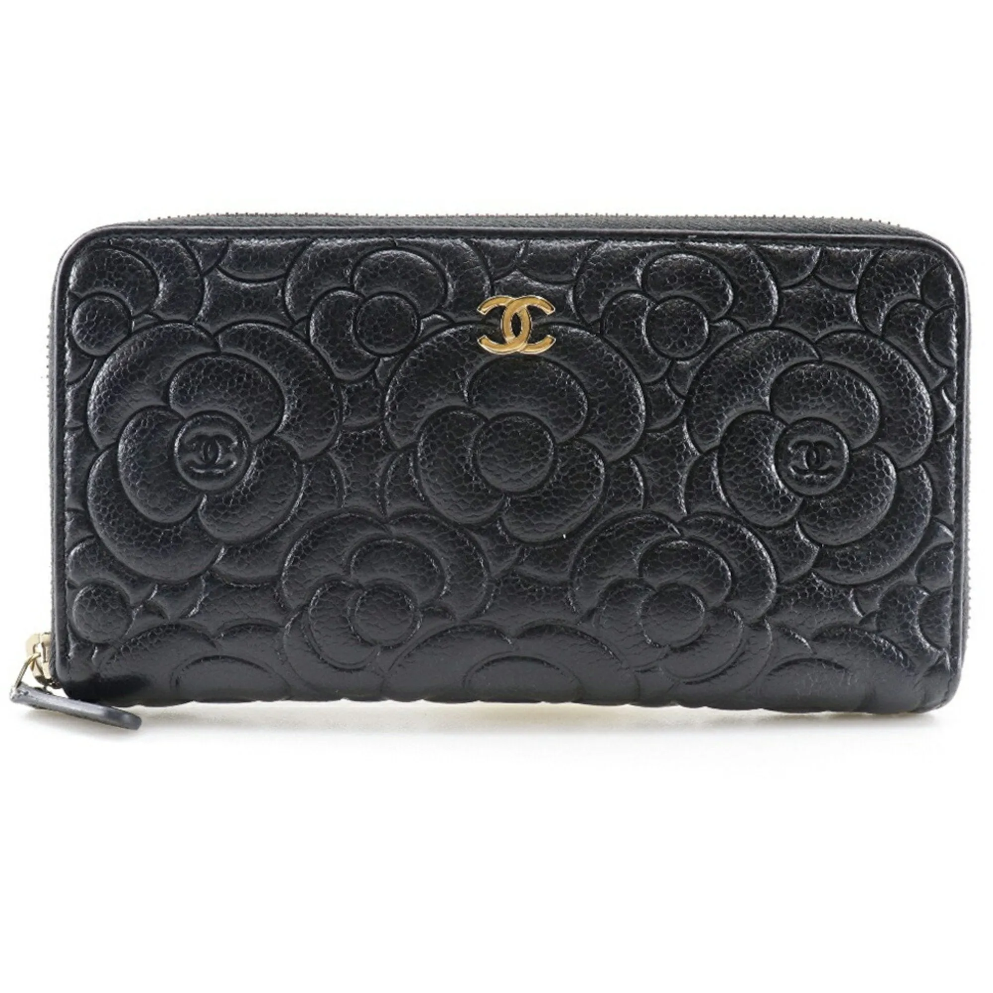 Chanel Camellia Emboss Cocomark A82281 Matte Caviar Skin Black Women's Long Wallet