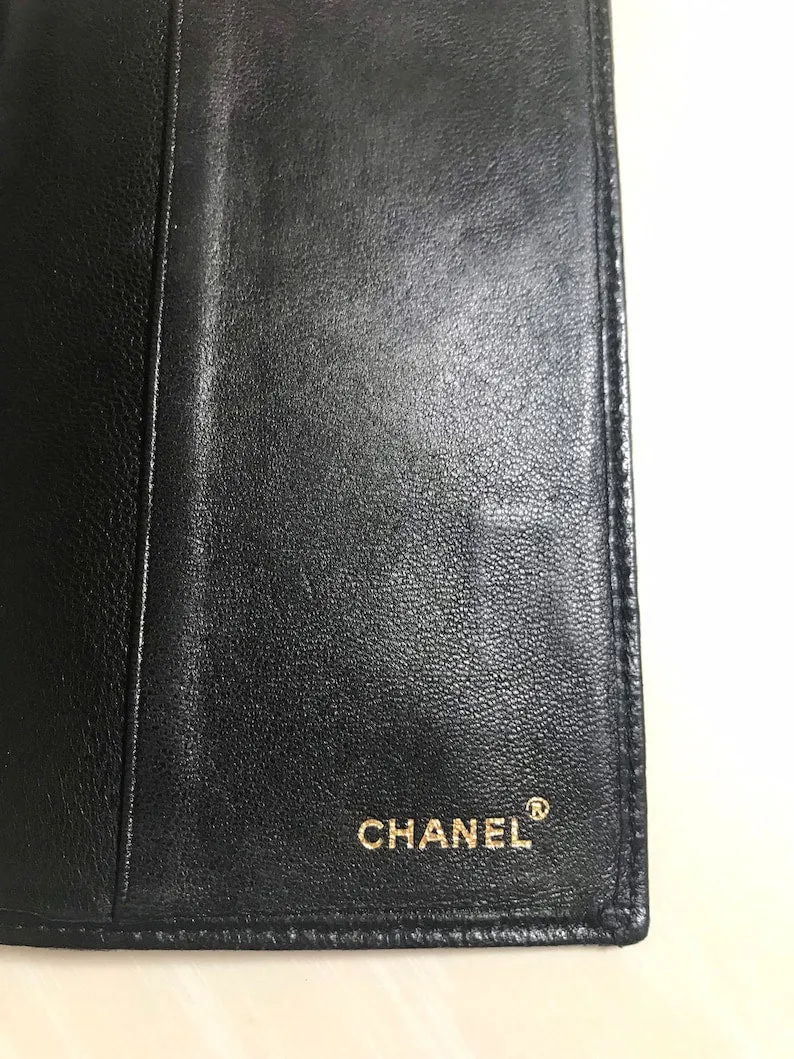CHANEL Vintage black stitched leather book cover, diary cover, checkbook case etc