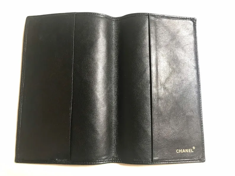 CHANEL Vintage black stitched leather book cover, diary cover, checkbook case etc