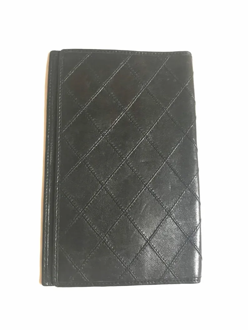 CHANEL Vintage black stitched leather book cover, diary cover, checkbook case etc
