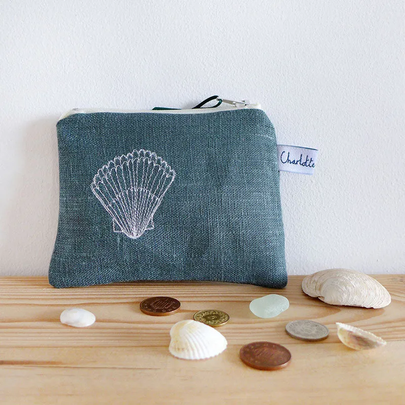 Embroidered Scallop Spruce Linen Purse