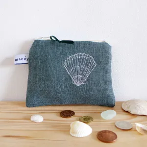 Embroidered Scallop Spruce Linen Purse