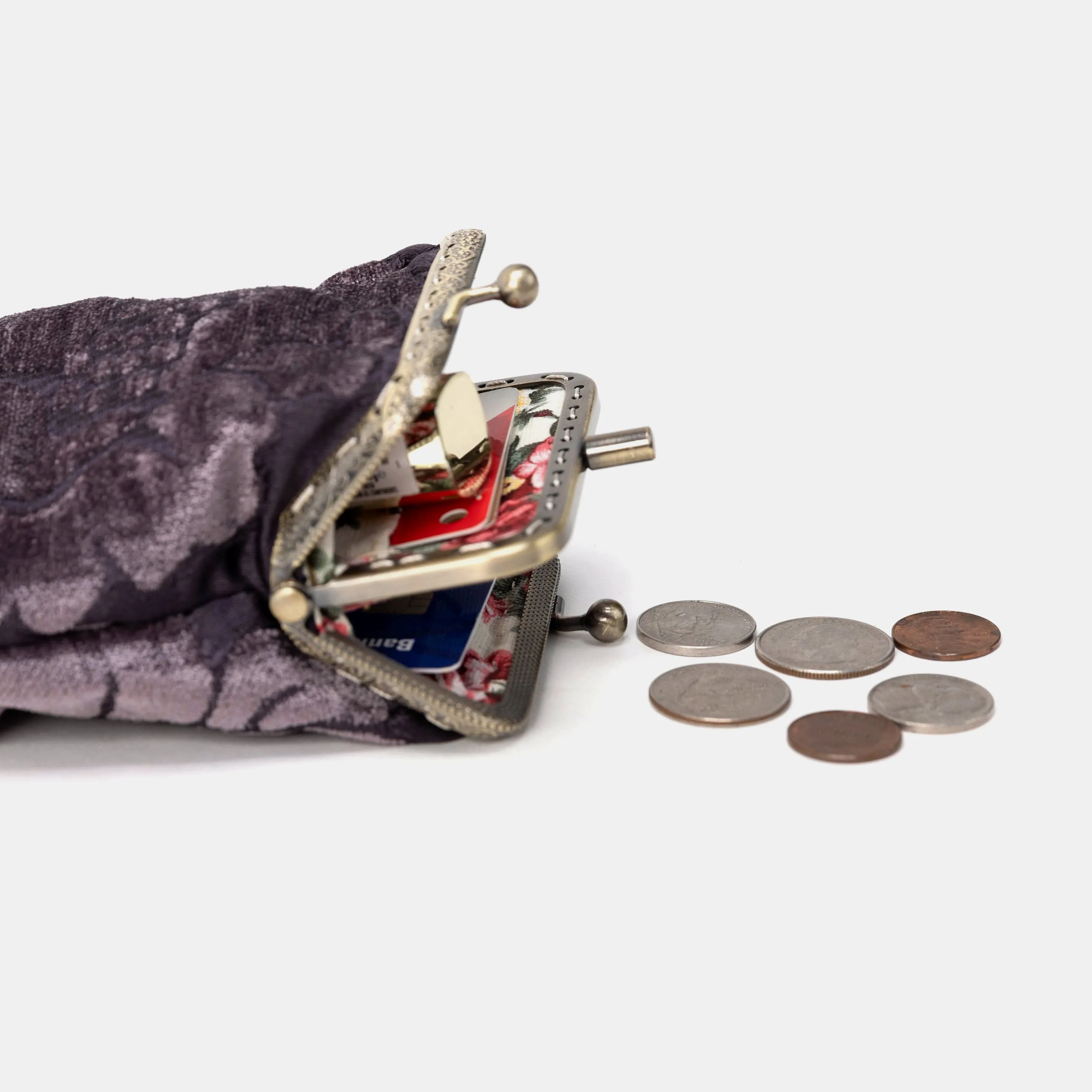 Floral Brocade Purple Double Kiss Clasp Coin Purse