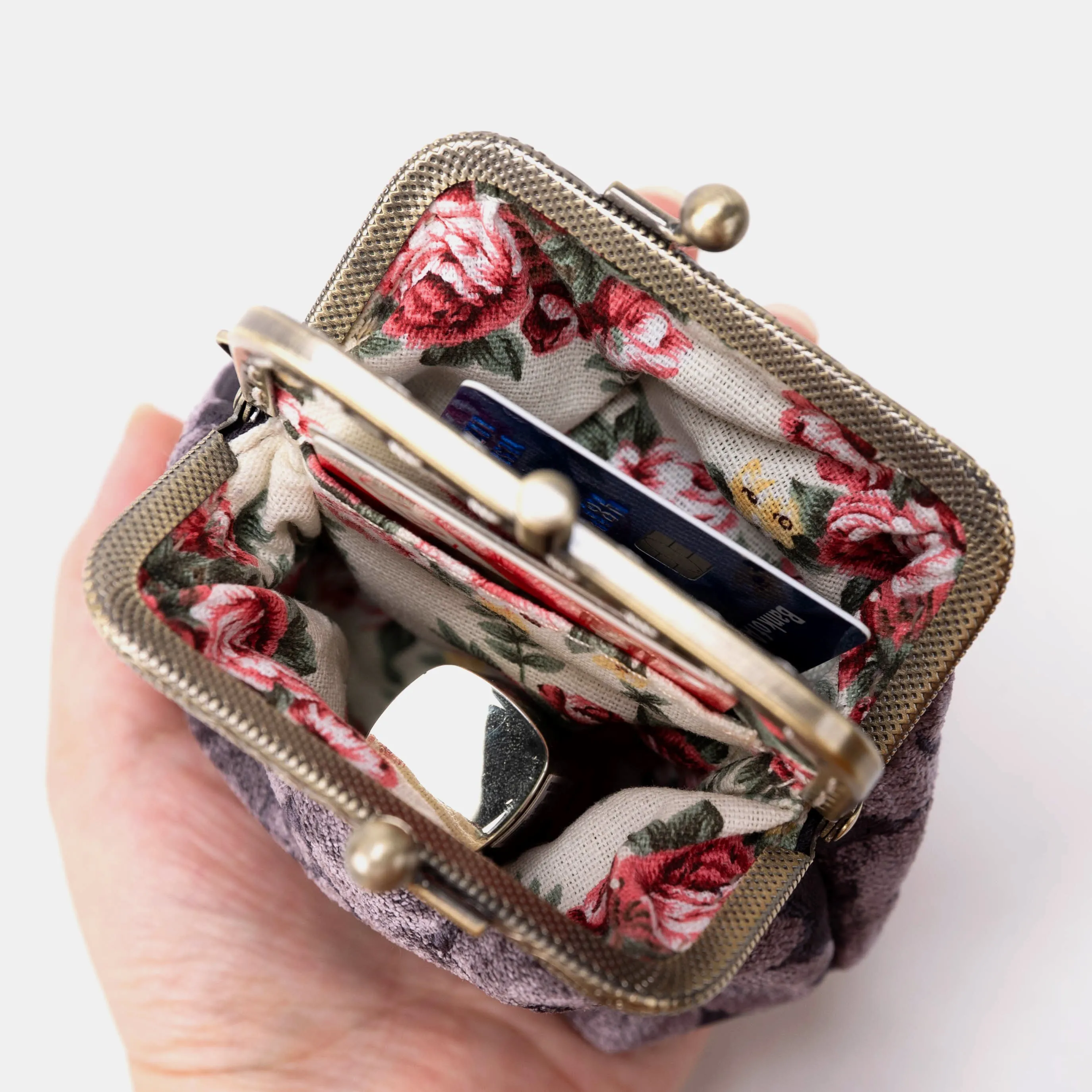 Floral Brocade Purple Double Kiss Clasp Coin Purse