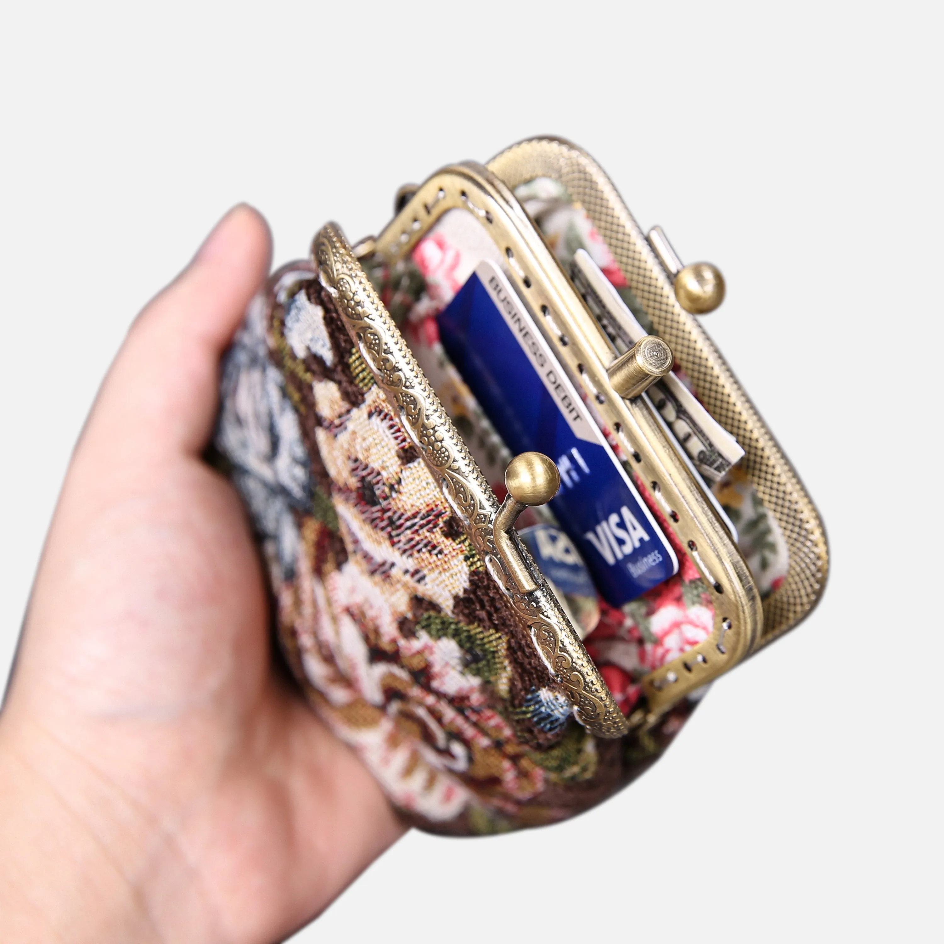 Floral Brown Double Kiss Clasp Coin Purse