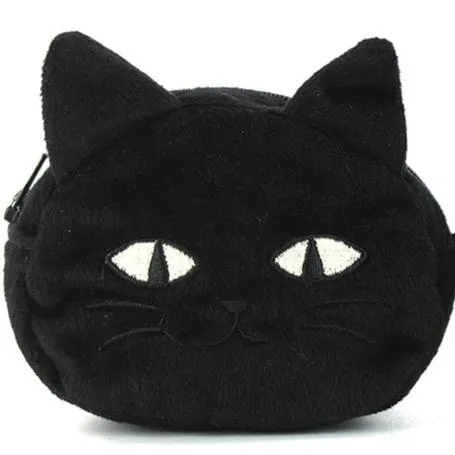 Furry Black Cat Coin Purse with Keychain