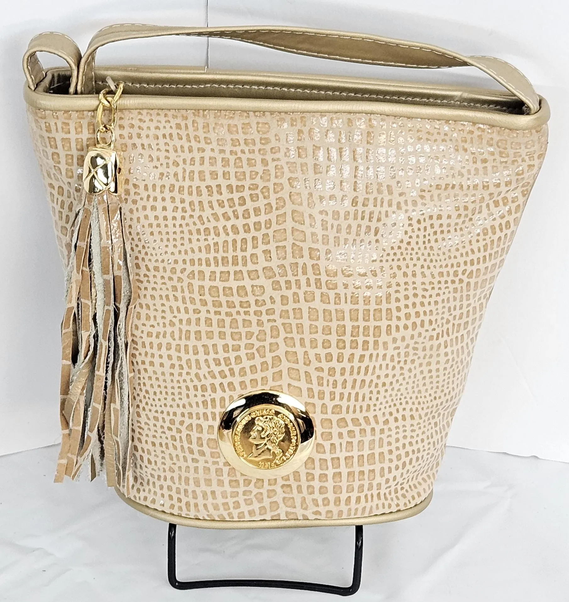 Gold mate with gold mate print Genuine Leather Handbag.#TR2099GmPc,Design with(Gold matel coin nero claudius caesar avocer pm tr pimper)