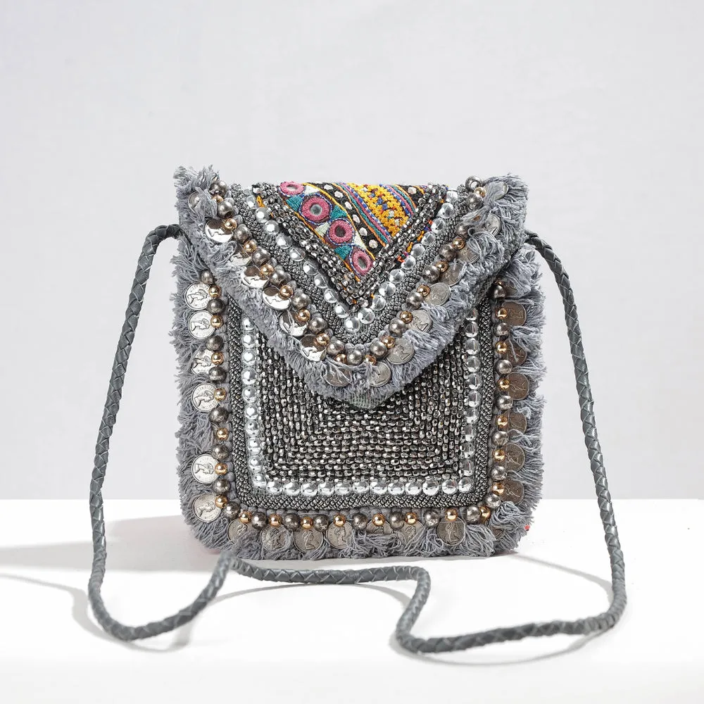 Grey - Banjara Vintage Embroidery Bead & Coin Work Sling Bag