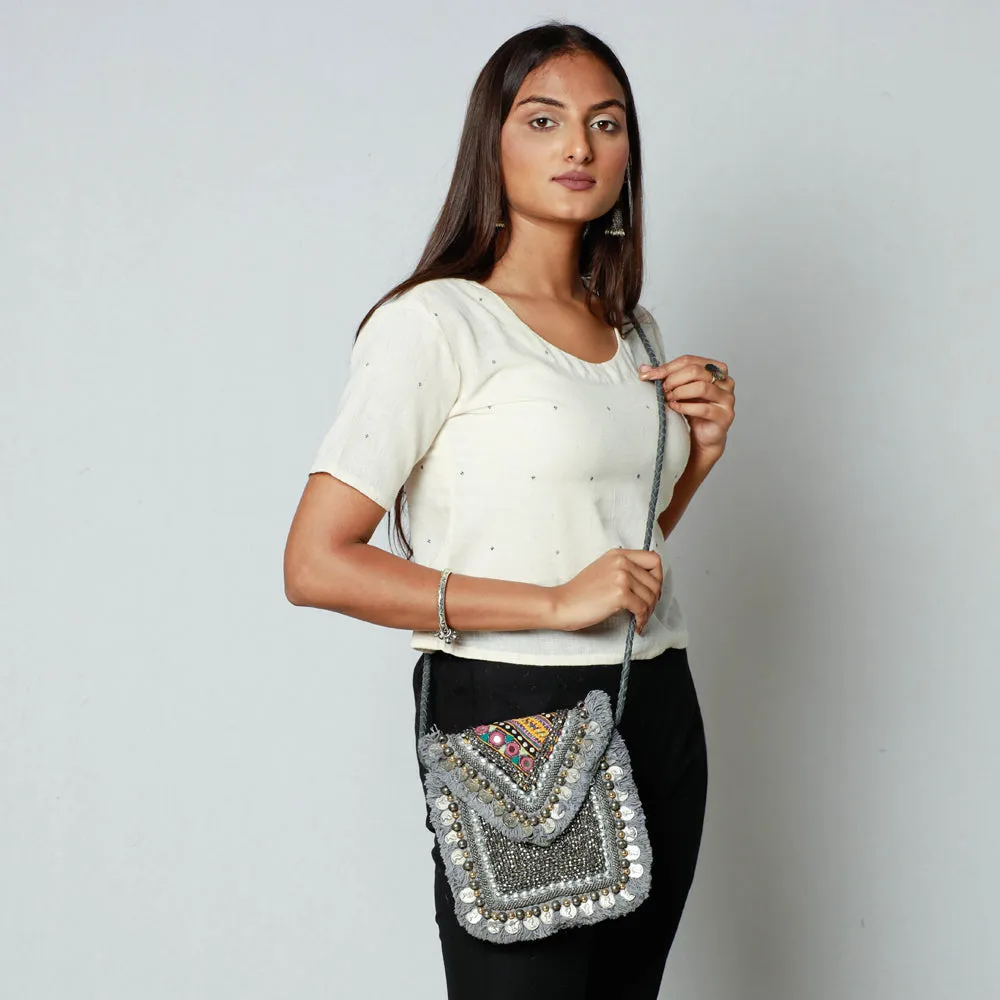Grey - Banjara Vintage Embroidery Bead & Coin Work Sling Bag
