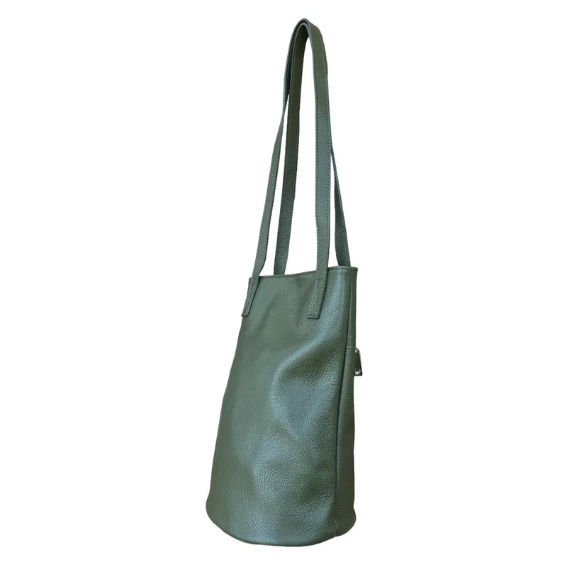 Italian Leather Bucket Bag in Olive Green