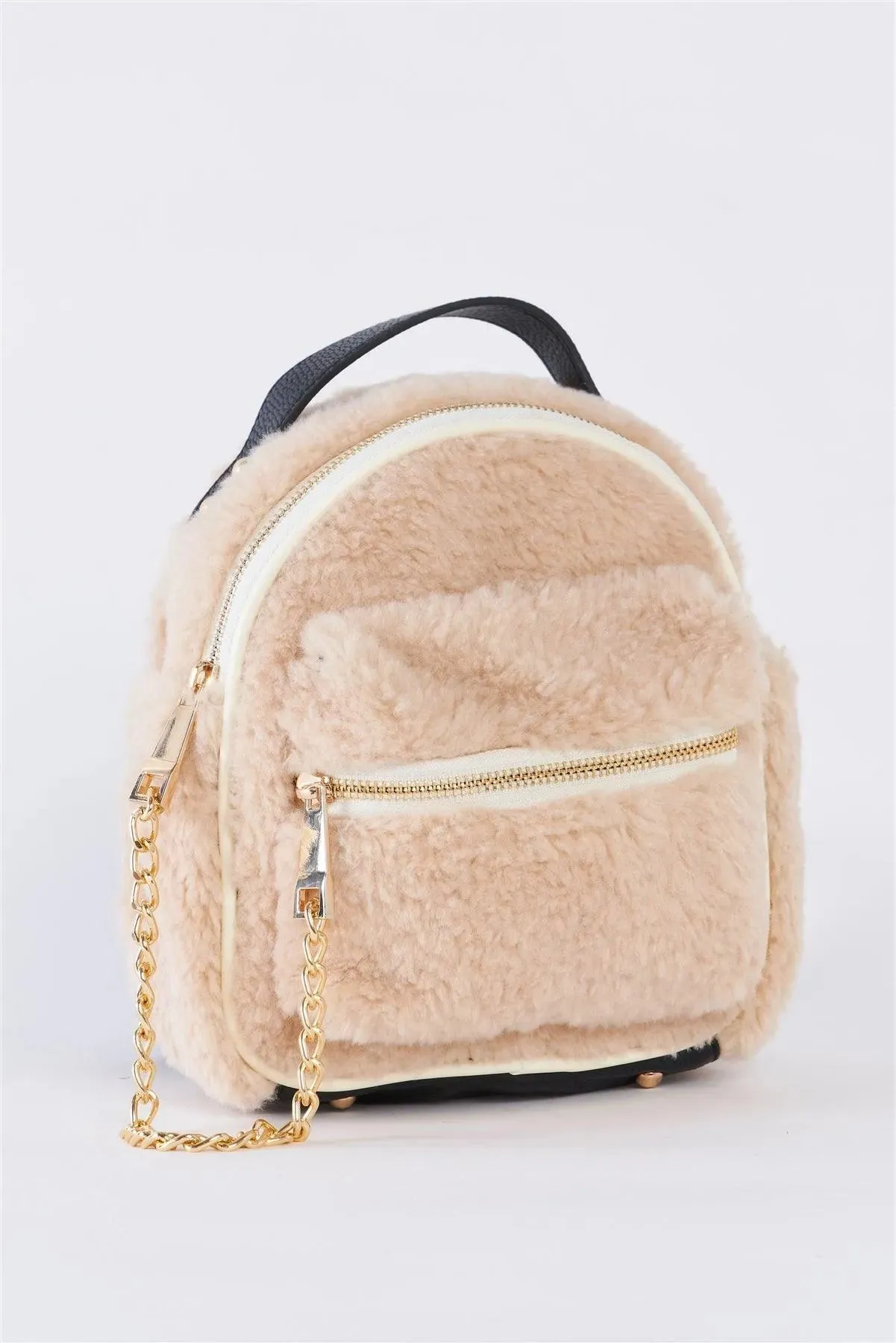 Ivory Faux Shearling Mini Teddy Bear Backpack With Chain Detail /3 Bags