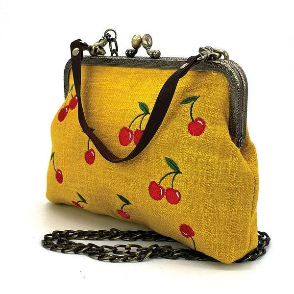 Kiss Lock Embroidered Cherry Bag
