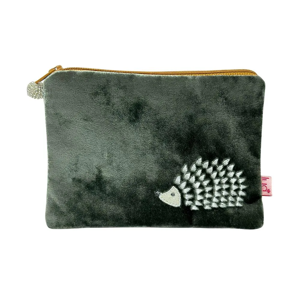 Lua - Velvet Coin Purse - Embroidered Hedgehog - 11 x 16cms - Dark Sage & Light Grey