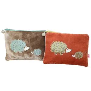 Lua - Velvet Coin Purse With Embroidered Hedgehogs - 11 x 16cms - 2 Colour Options