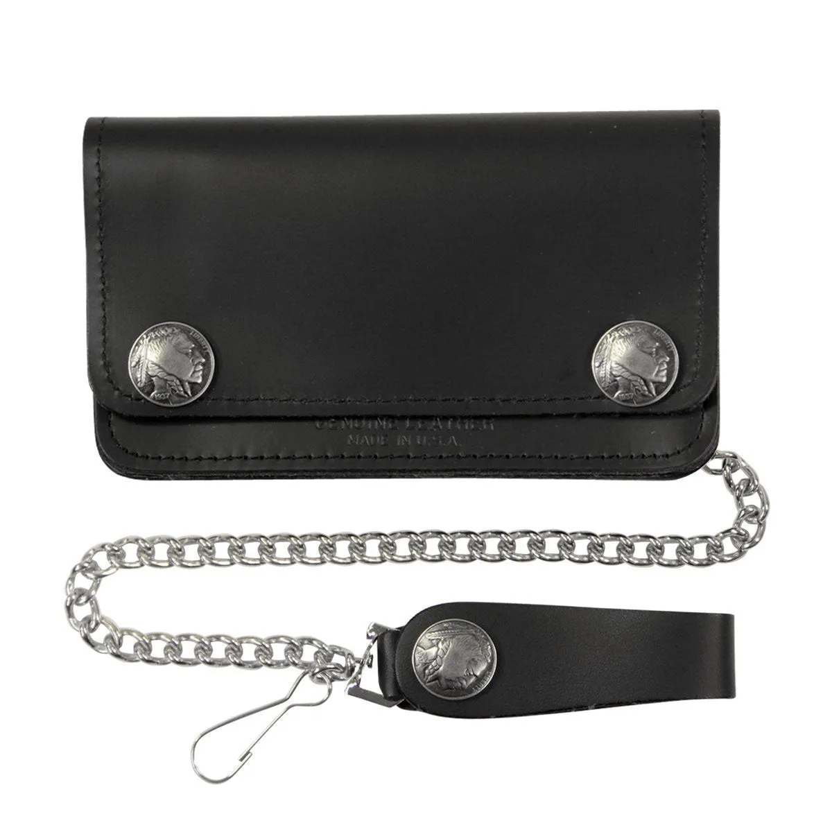 Mens Bi-fold Native American Coin Biker Top Grain Leather Wallet