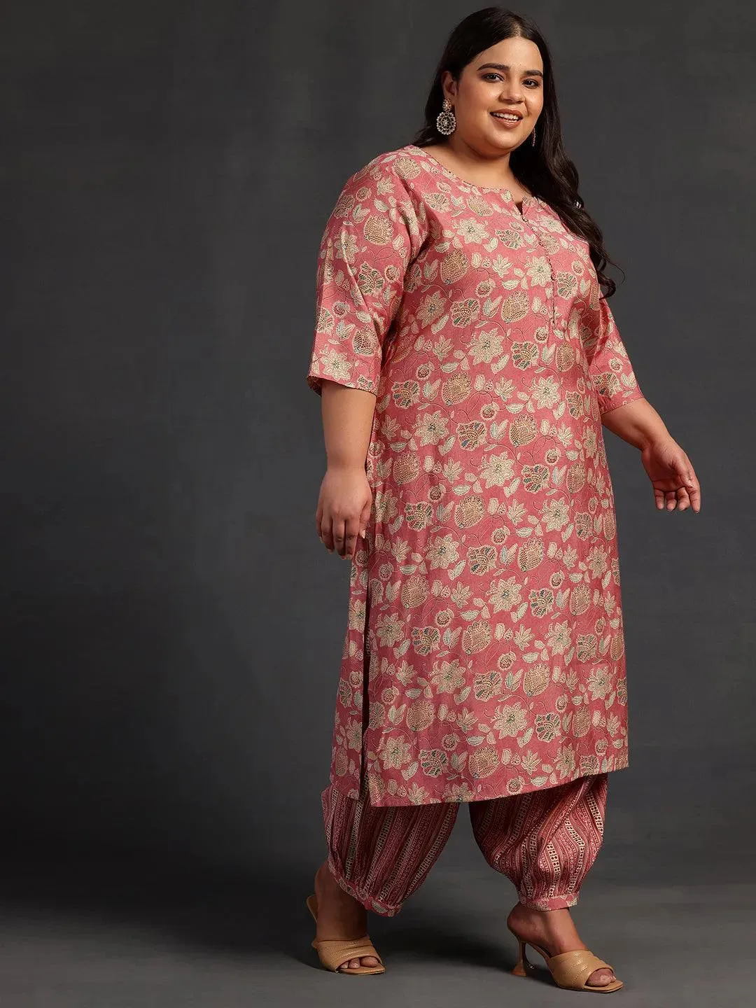 Plus Size Peach Printed Silk Blend Straight Kurta Set