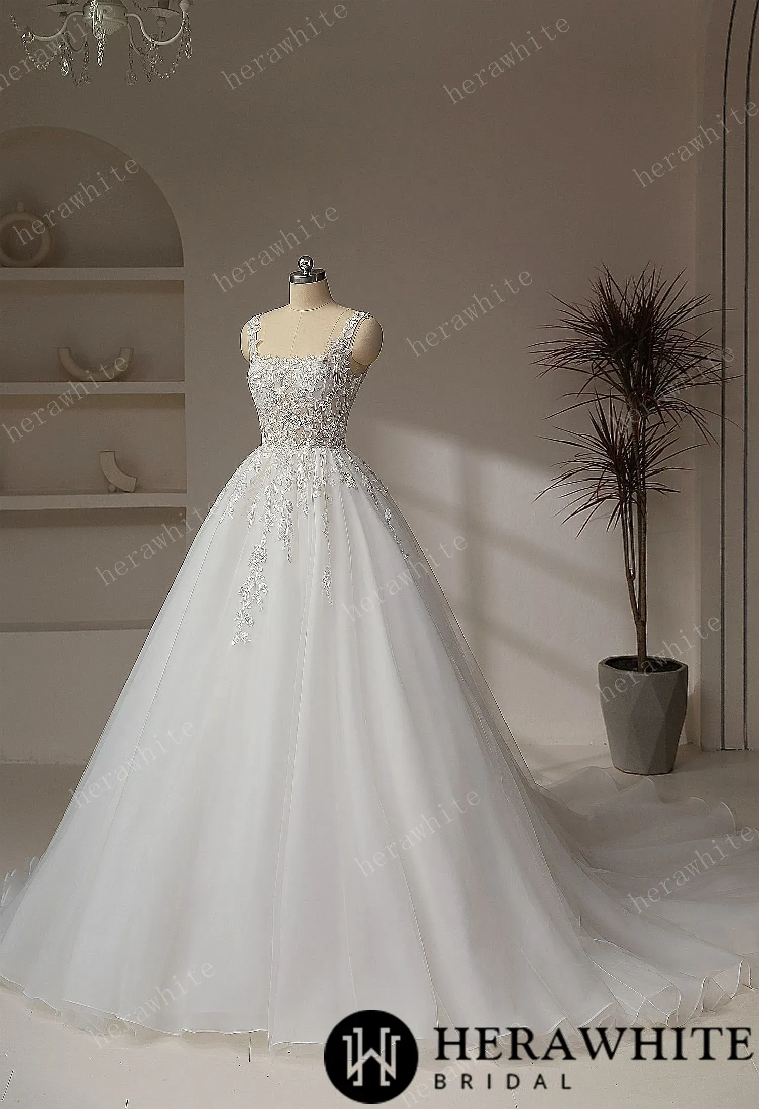 Romantic Square Collar Zipper Ball Gown Wedding Dresses