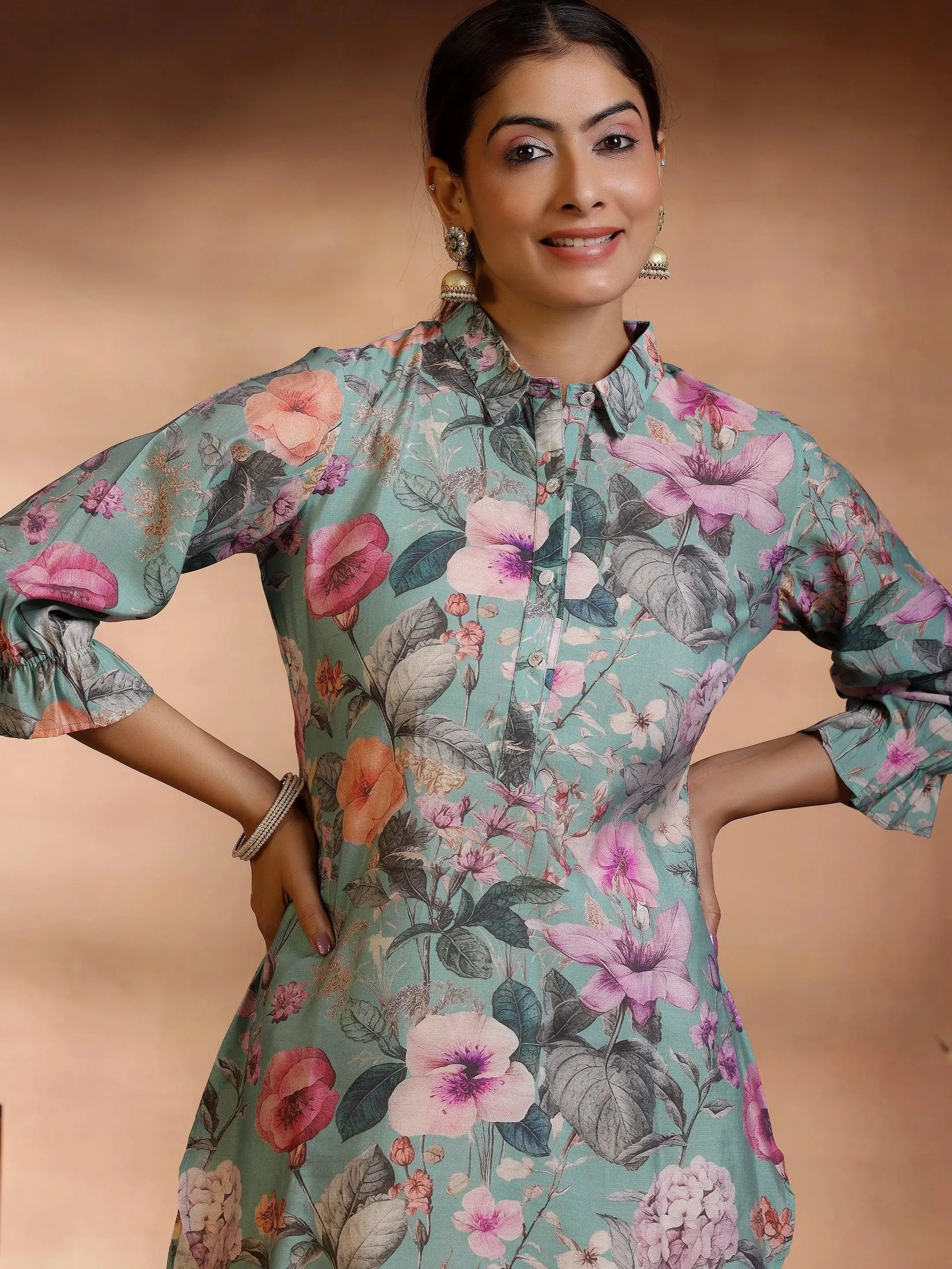 Sea Green Printed Silk Blend Straight Kurti