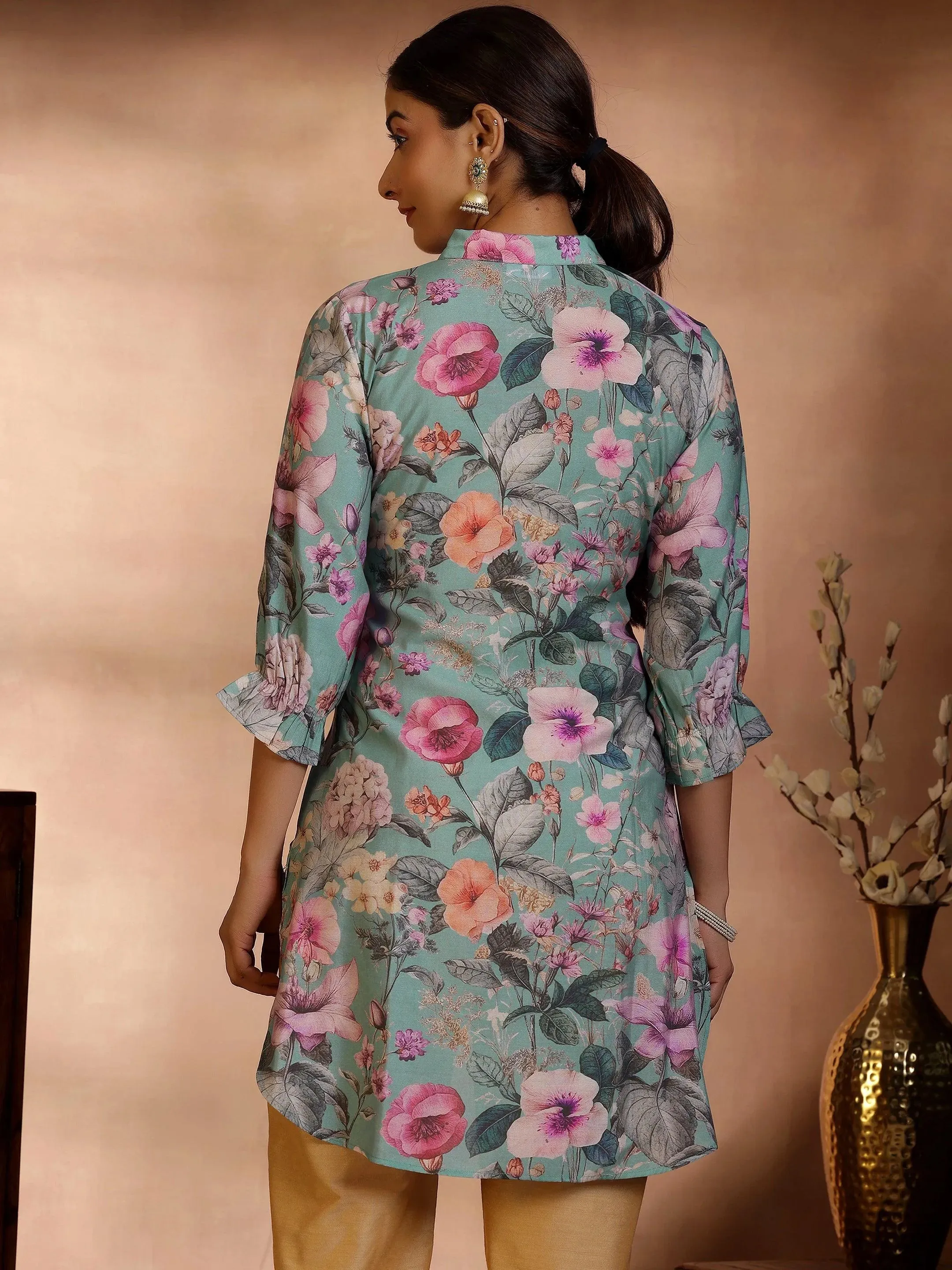 Sea Green Printed Silk Blend Straight Kurti