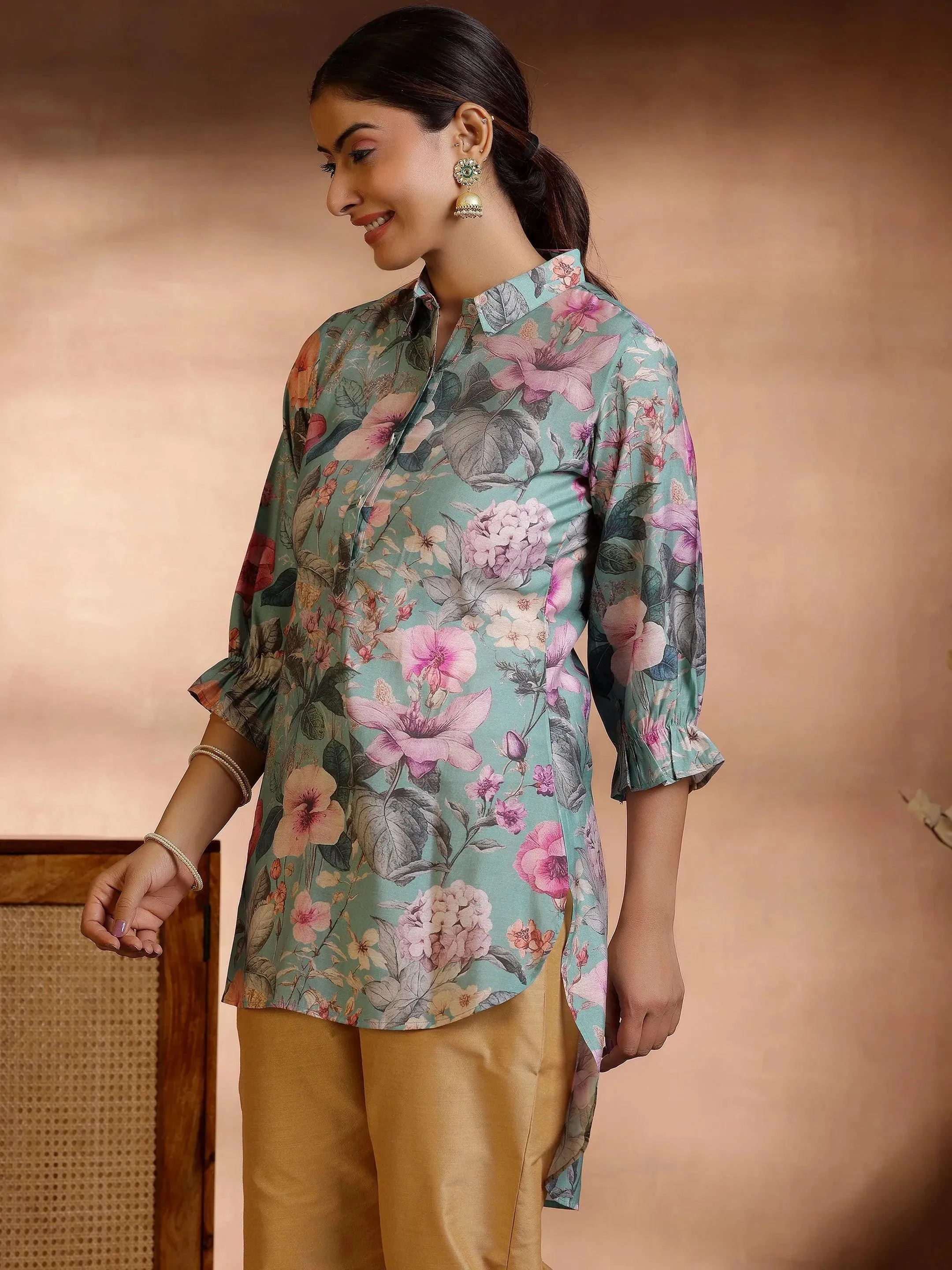 Sea Green Printed Silk Blend Straight Kurti