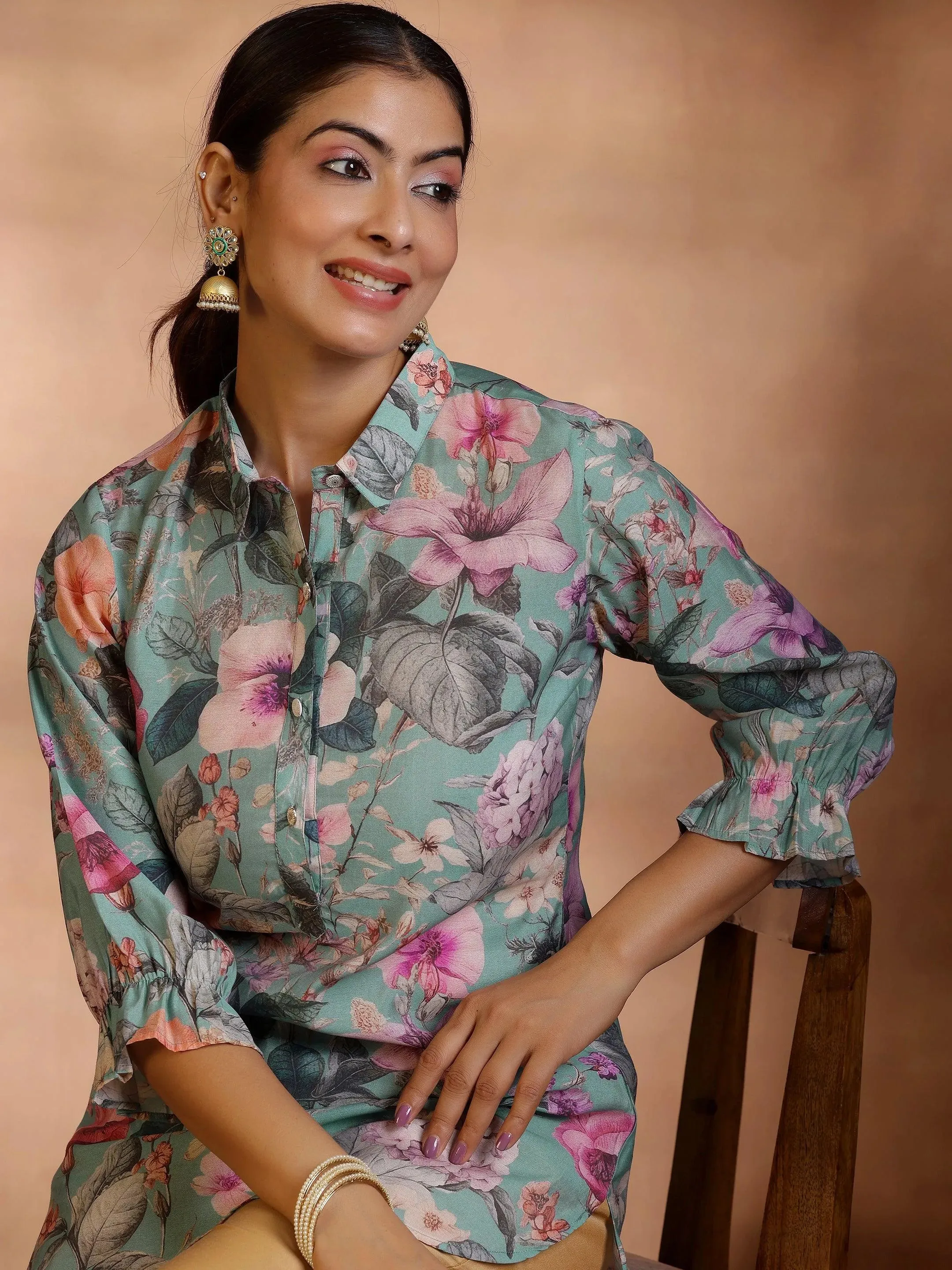 Sea Green Printed Silk Blend Straight Kurti