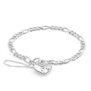 Sterling Silver Figaro 1:3 Heart Padlock Bracelet