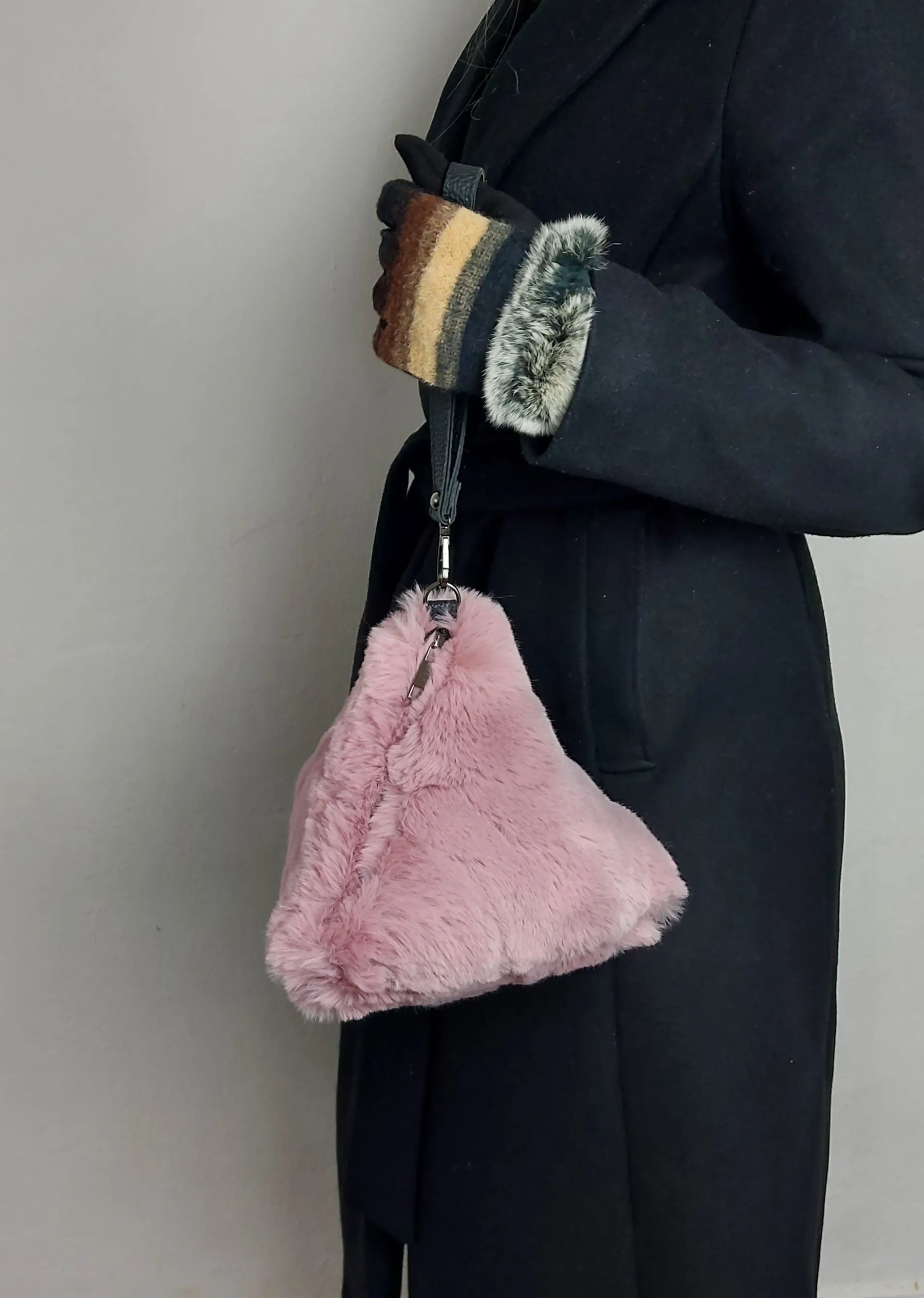 Triangular Dusty Pink Faux Fur Bag Soft Fluffy Purse