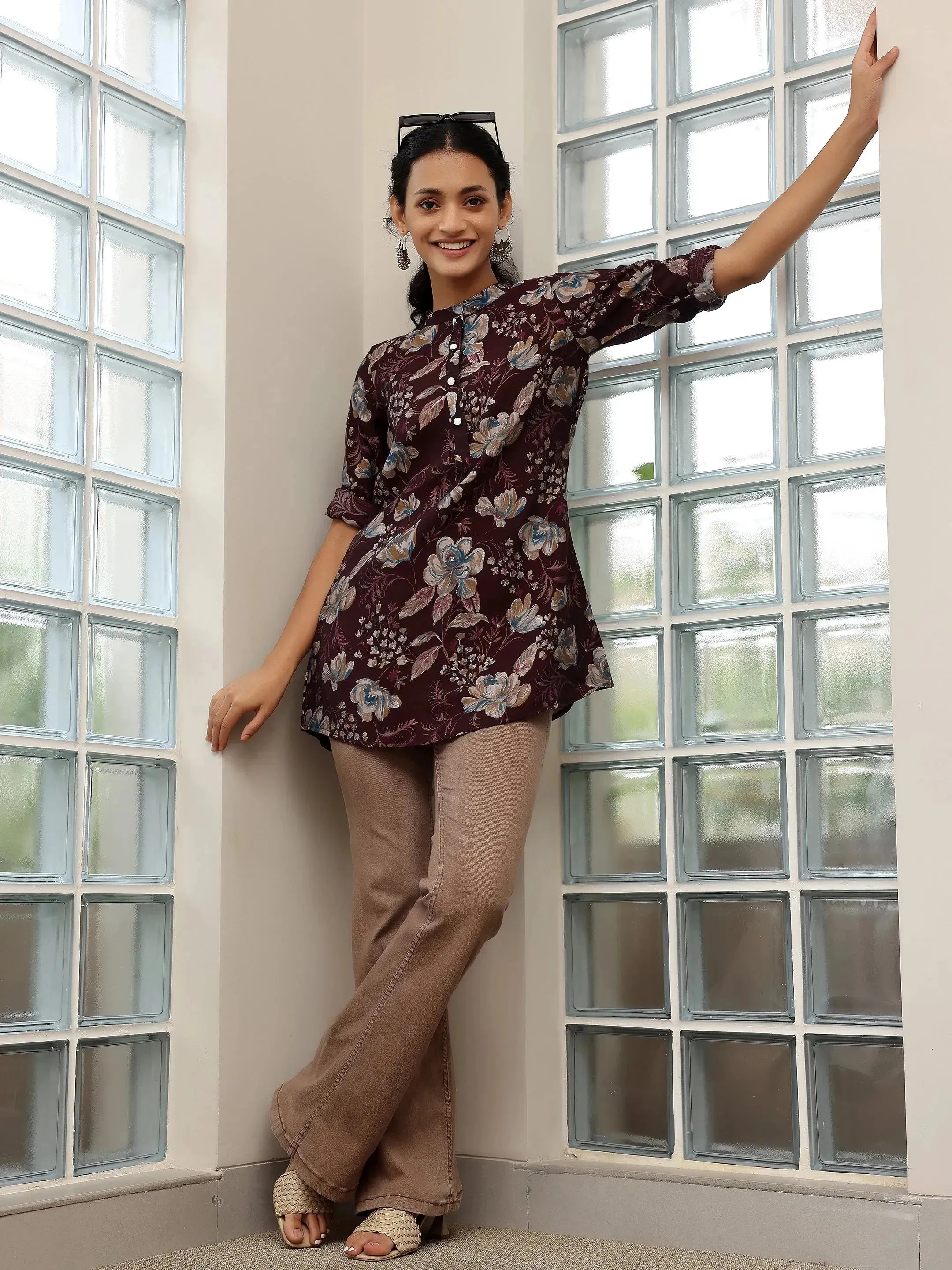 Wine Printed Silk Blend Straight Kurti