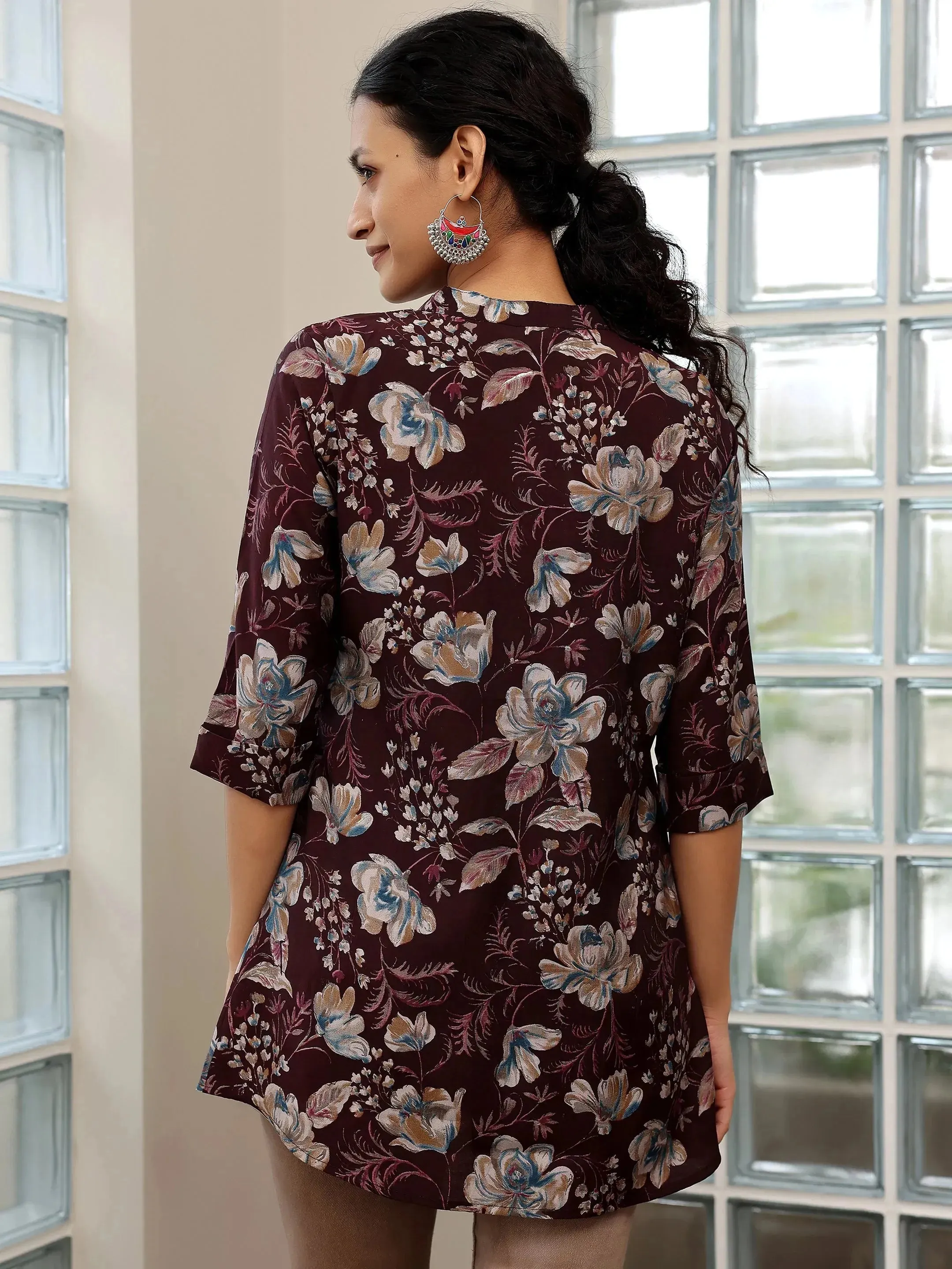 Wine Printed Silk Blend Straight Kurti