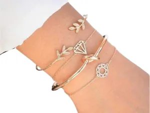 Womens 4Pc Gold Metal Charm Bracelet Set Diamond Shape