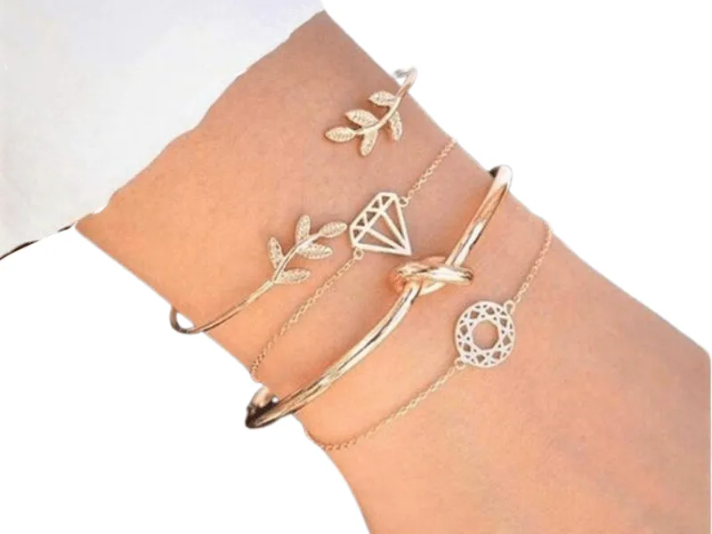 Womens 4Pc Gold Metal Charm Bracelet Set Diamond Shape