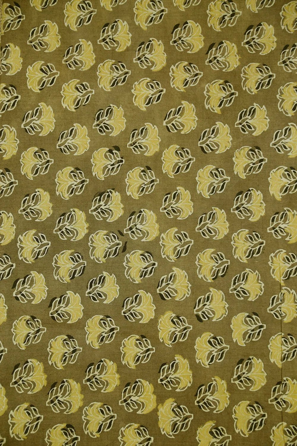 Yellow Florets on Hazelnut Beige Block Printed Ajrak Cotton Fabric - 1m