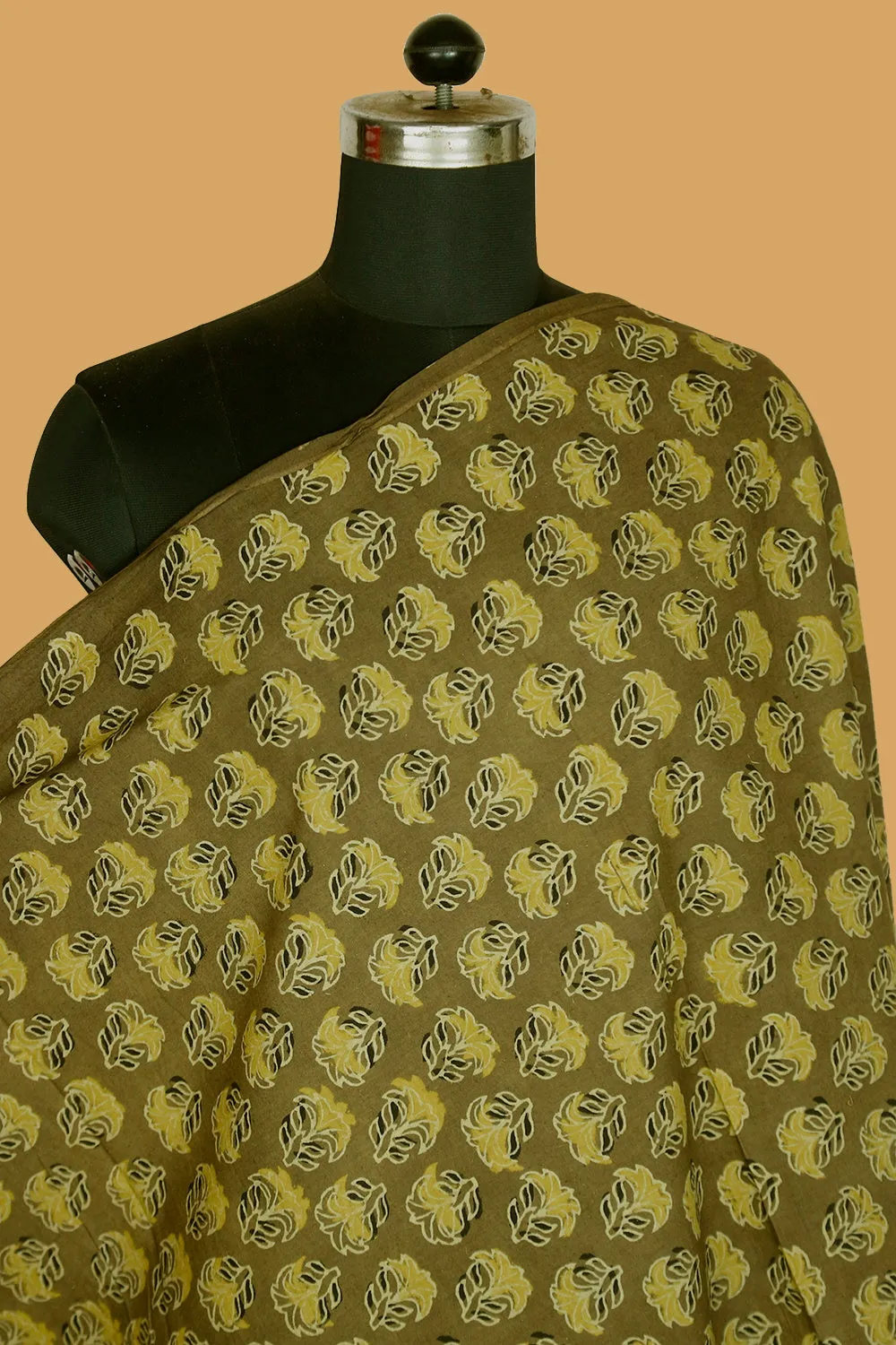 Yellow Florets on Hazelnut Beige Block Printed Ajrak Cotton Fabric - 1m